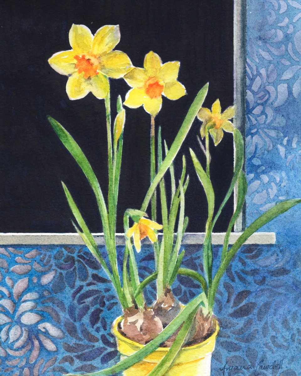 Impressionistic Botanical Watercolour By Anjana Cawdell, 8 X 10, Narcissus In Yellow Pot, Original Artwork