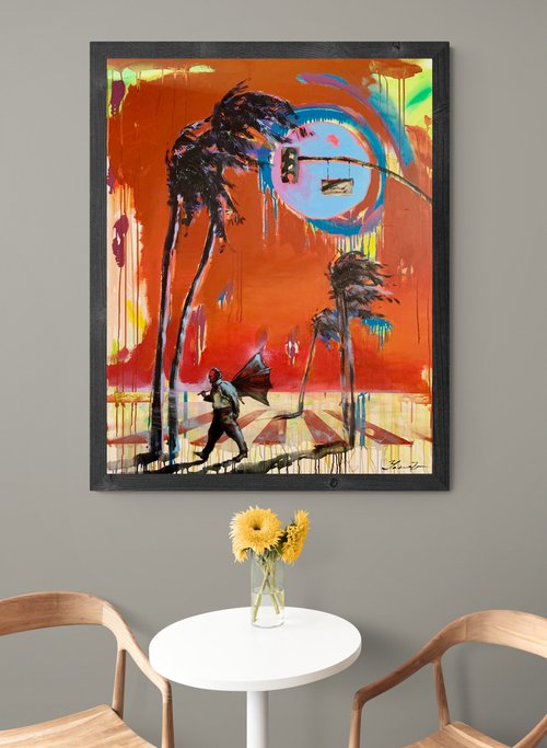 Big painting - "Against the wind" - Palms - Sunset - Urban - 2022 by Yaroslav Yasenev