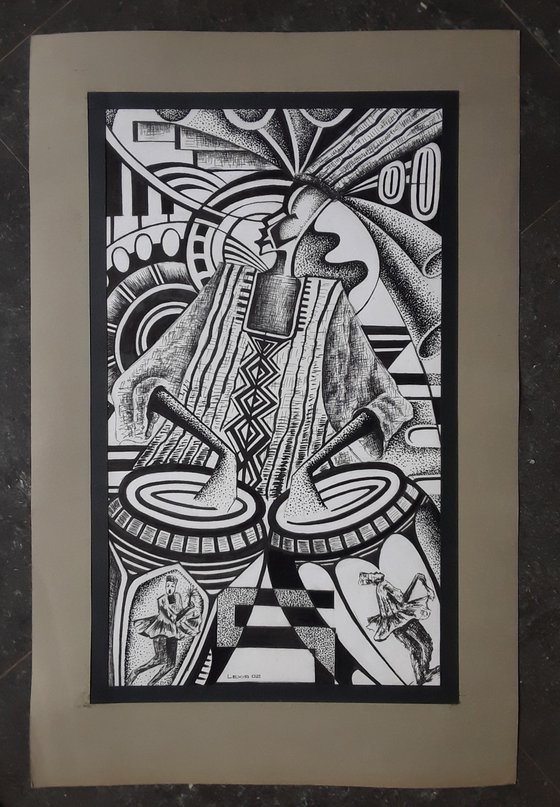 African Drummer pen and ink drawing