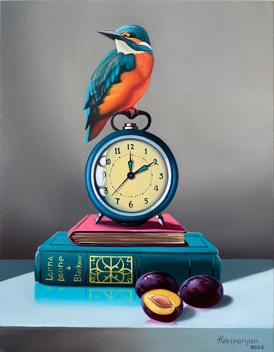 Still life with bird and clock and books(45x35cm, oil painting, ready to hang)