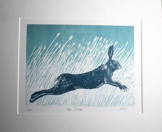 Through the Long Grass Vol 2, Hare running Linocut, Mounted