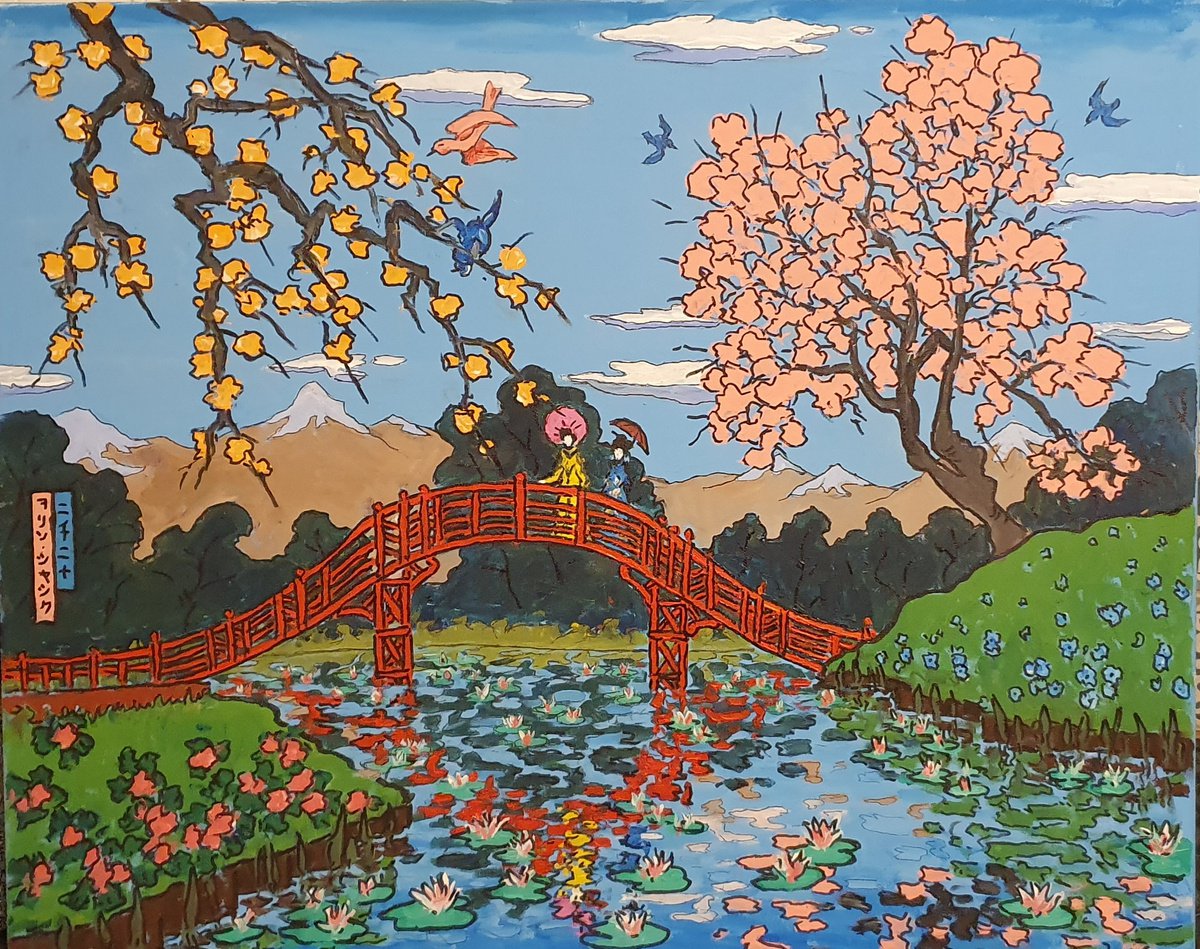 Landscape Acrylic Painting By Colin Ross Jack, 30 X 24, Japanese Blossom Scene, Original Artwork