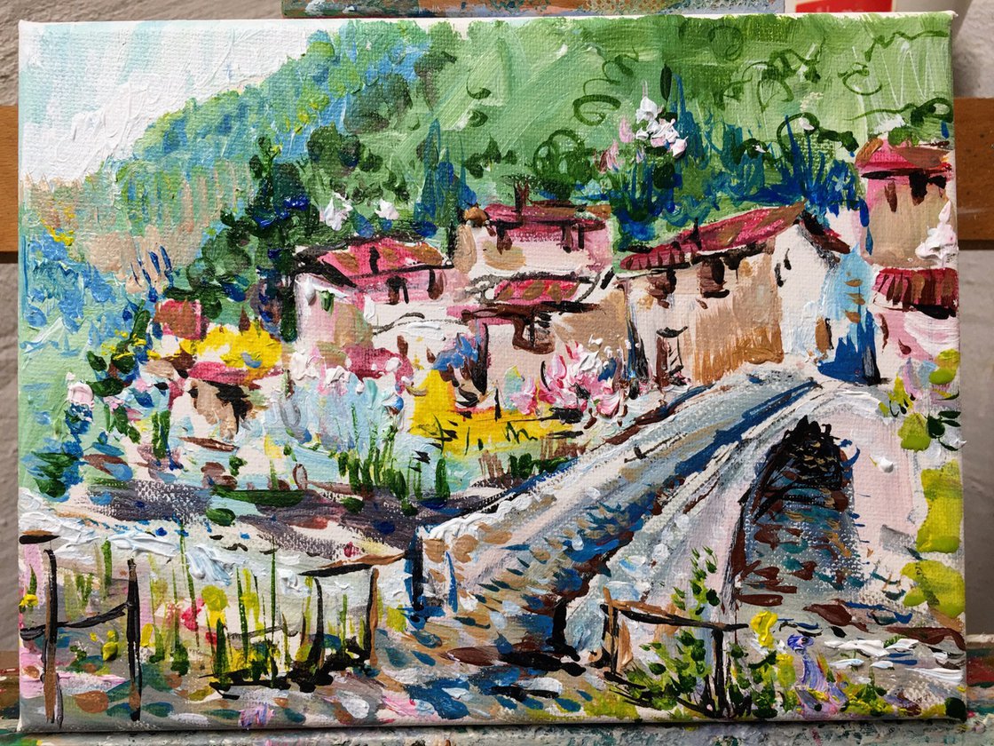 Original Acrylic Painting - Lake Como Village. by Altin Furxhi