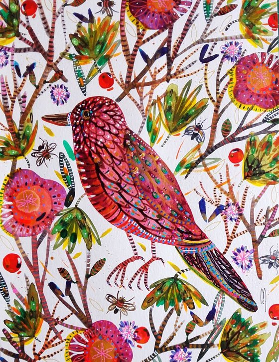 Bird - Pink Bird - Watercolor Bird Flowers Insects - Nature Painting