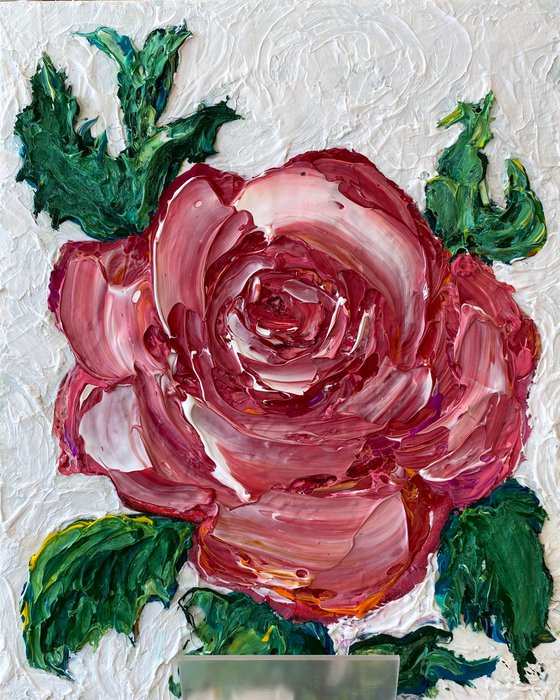 The Rose Flower palette knife painting is 10" x 8" on Gator board.