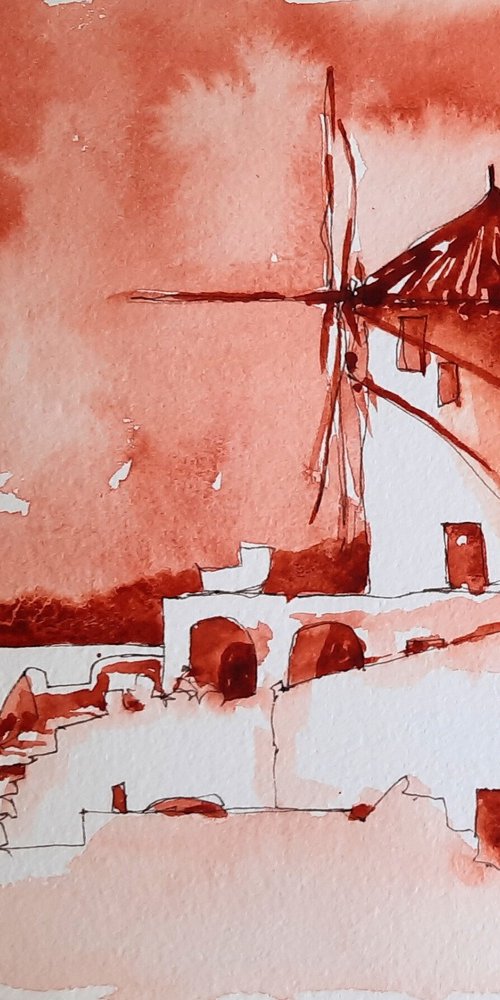 Simply Santorini - Original Ink and Watercolour Sketch - UK Artist by Alison Fennell