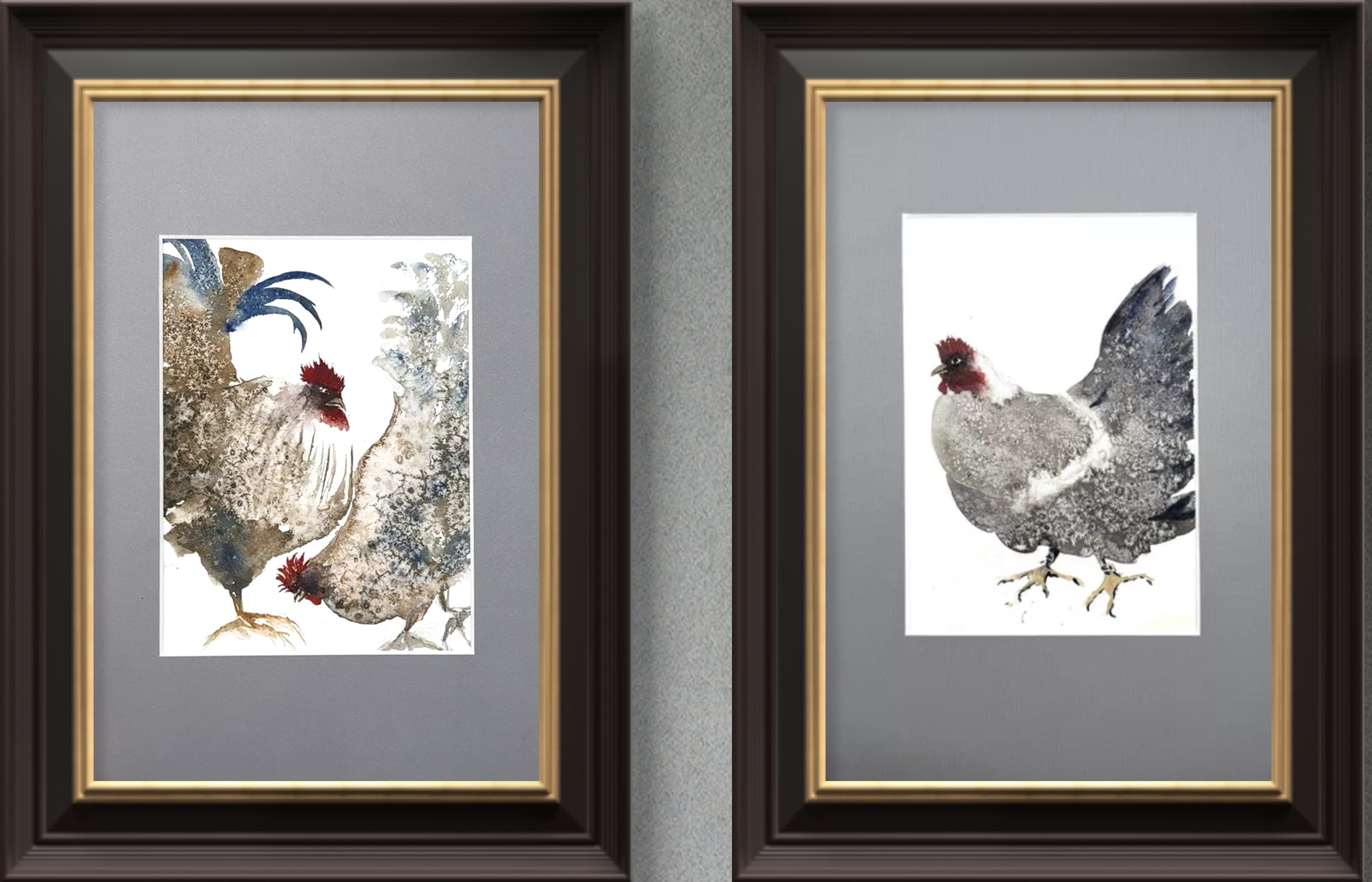 Animal Watercolour By Yuliia Sharapova, 19 X 13", Family Rooster And Hen, Original Artwork