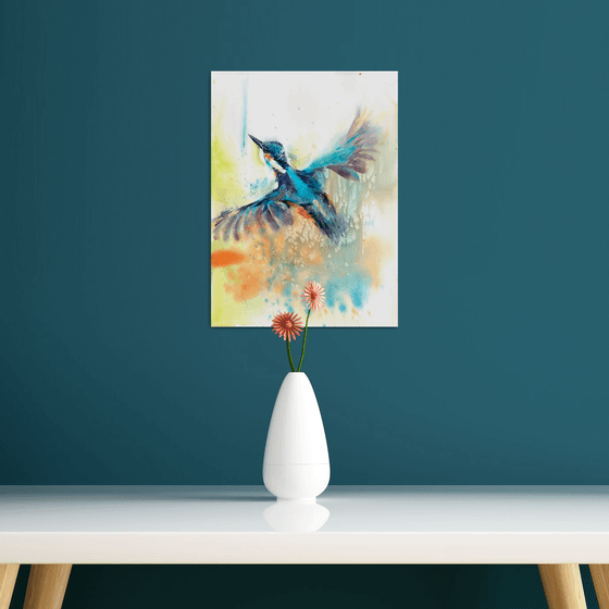 Kingfisher in flight, an original watercolour painting