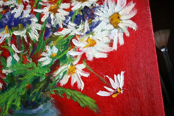 Daisies on Red /  ORIGINAL PAINTING