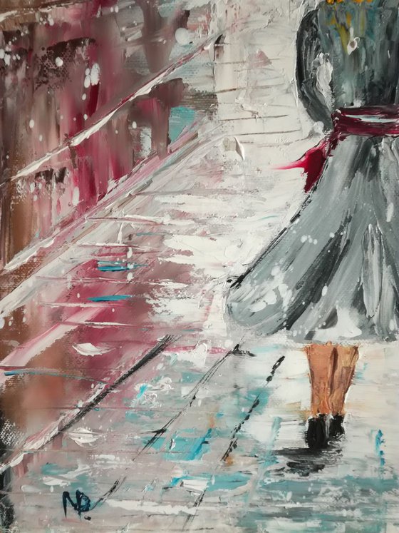 Under the snow, Winter, Girl, Umbrella, Gift,  City, Urban Oil Art, Wall Decor, oil painting, palette knife work