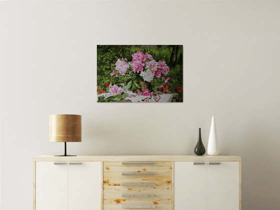 Pink peonies in a basket