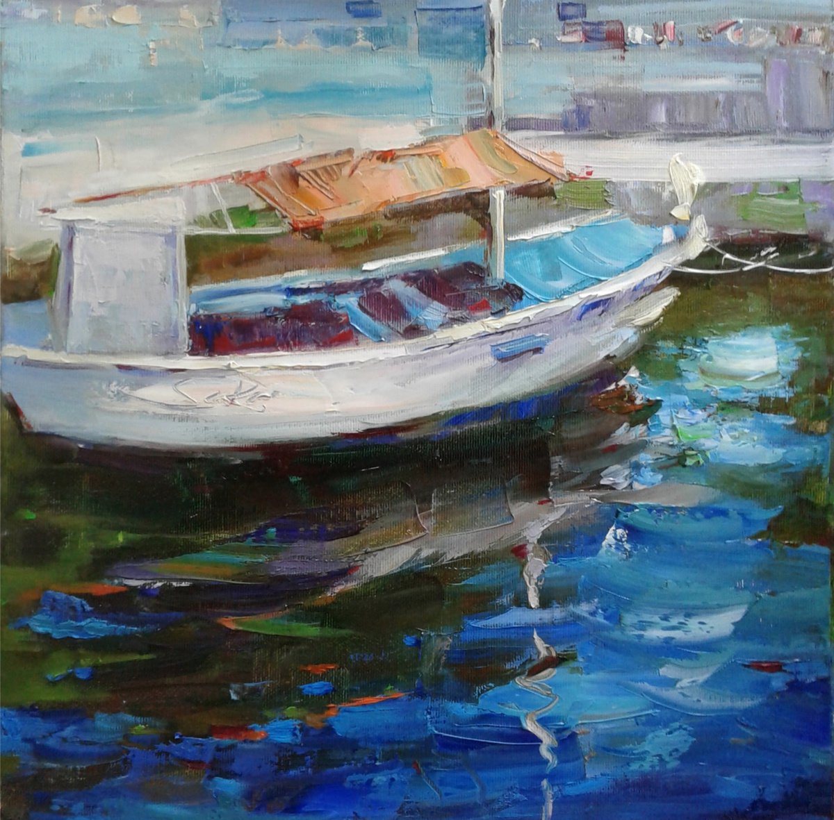 Impressionistic Landscape Oil Painting By Tetiana Shendryk, 14 X 14", White Boat, Original Artwork