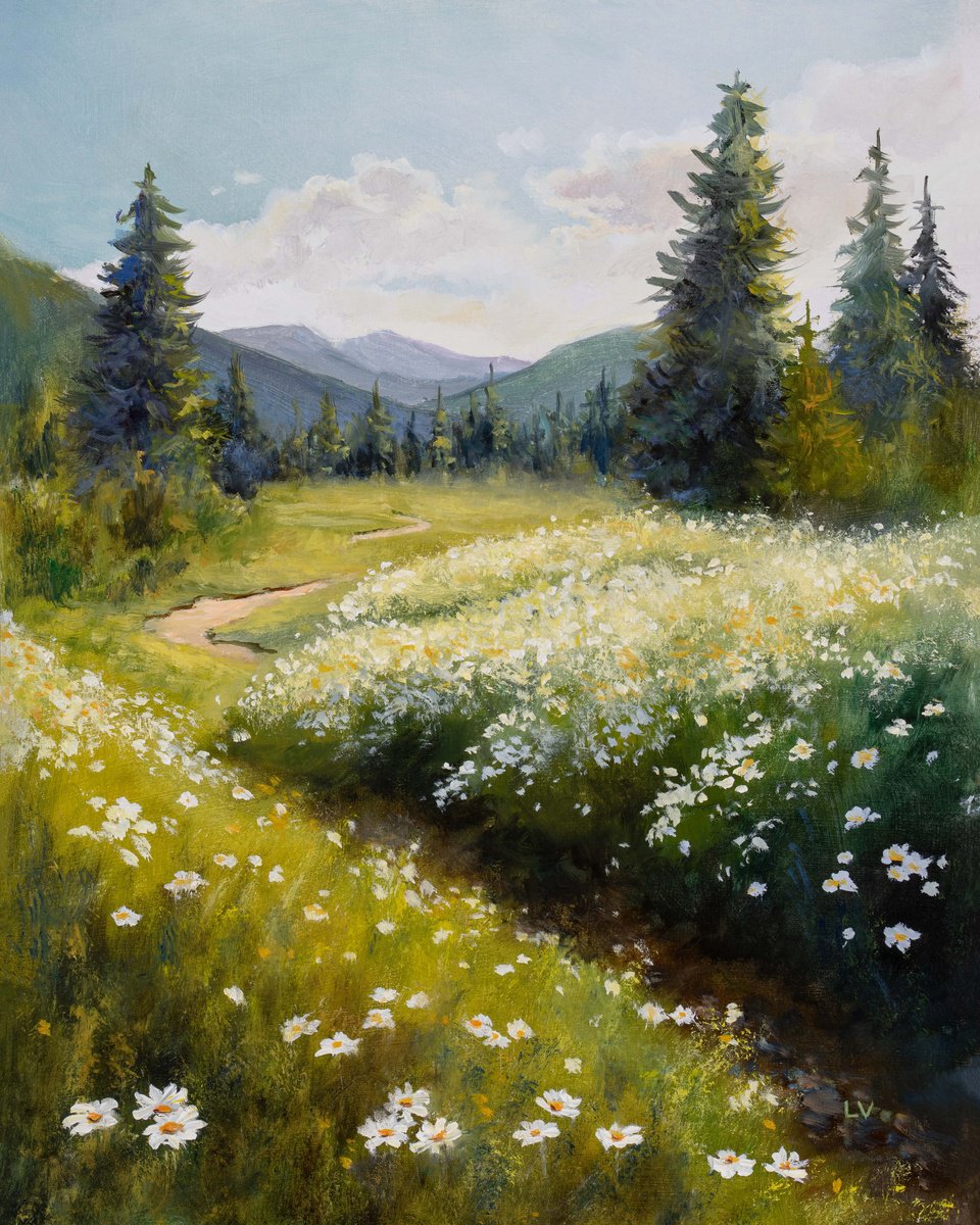 Mountain wildflowers and fir trees by Lucia Verdejo