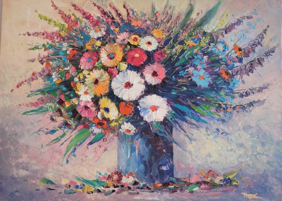 Field flowers in a vase (50x70cm, oil painting,  ready to hang)