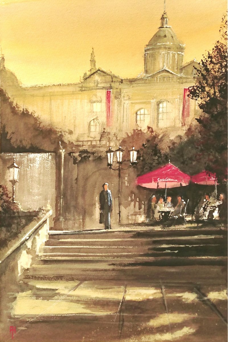 Impressionistic Cityscapes Watercolour By Alan Harris, 15 X 22, Barcelona National Palace, Original Artwork