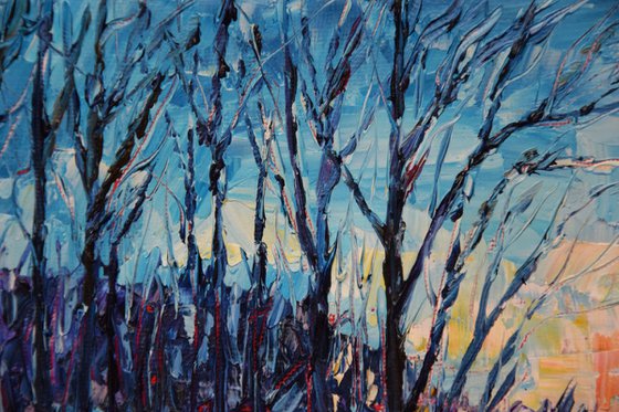 Christmas original oil painting on canvas, Winter twilight forest, snowy landscape, cozy hygge gift