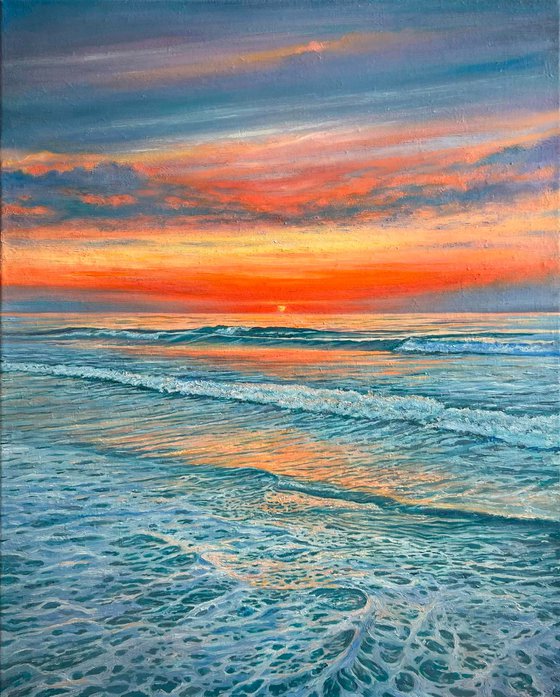 "Let The Sunshine In"- Original Oil painting of Sunset; Seascape; Ocean wall art; Coastal wall art; Wave canvas; Marine; Oil painting; Waves; Sea; Ocean.