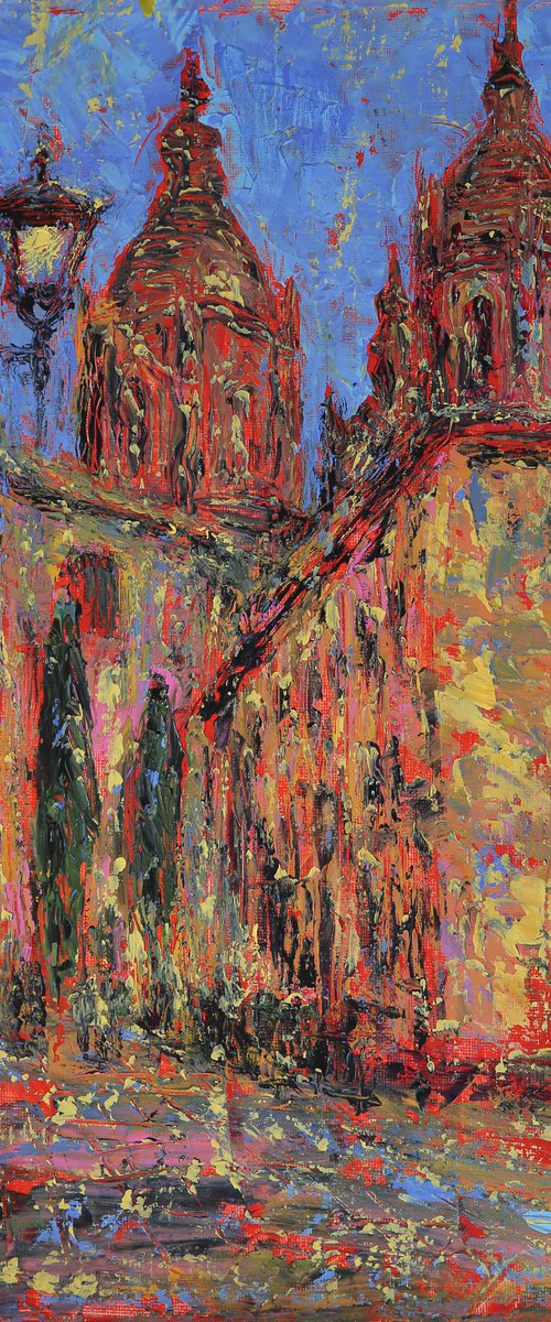 Abstract art painting of the Salamanca old city street by Denis Kuvayev