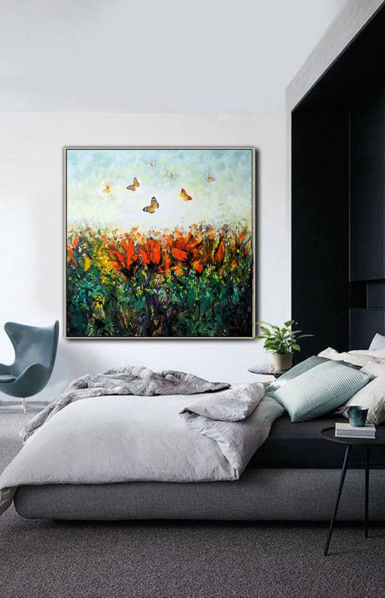 Impressionistic Botanical Painting By Areti Ampi, 39 X 39, Red Flowers And Butterflies, Original Artwork