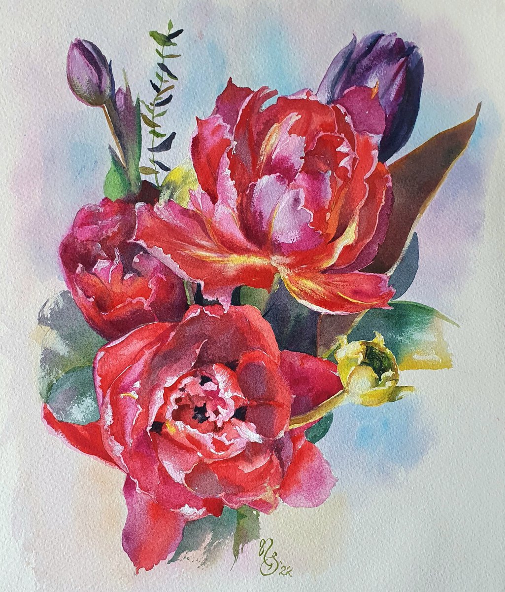 Carmine tulips - watercolor painting, framed and ready to hang. by Natasha Sokolnikova