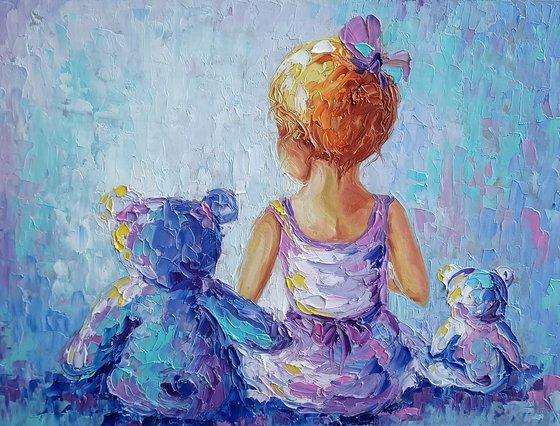 Purple childhood - childhood, child, for mother, oil painting, girl, teddybear, toys, little girl, bears, happy childhood, children