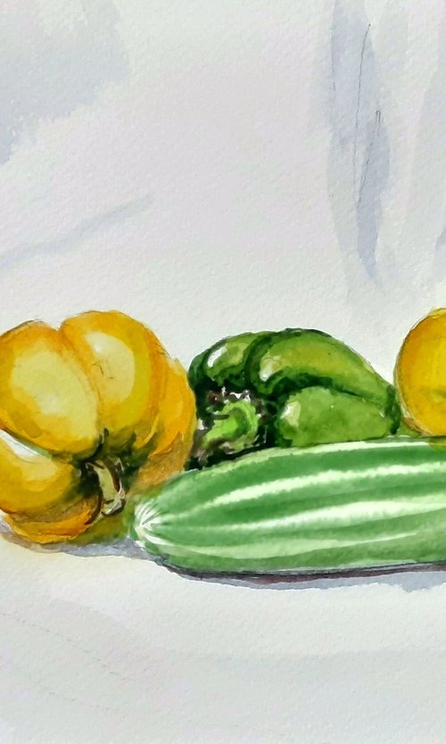 Still life with bell peppers and cucumber by Asha Shenoy