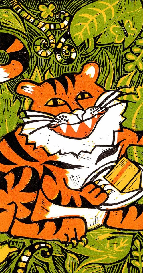 Tiger tea time - signed original hand pulled linocut print by Cecca Whetnall