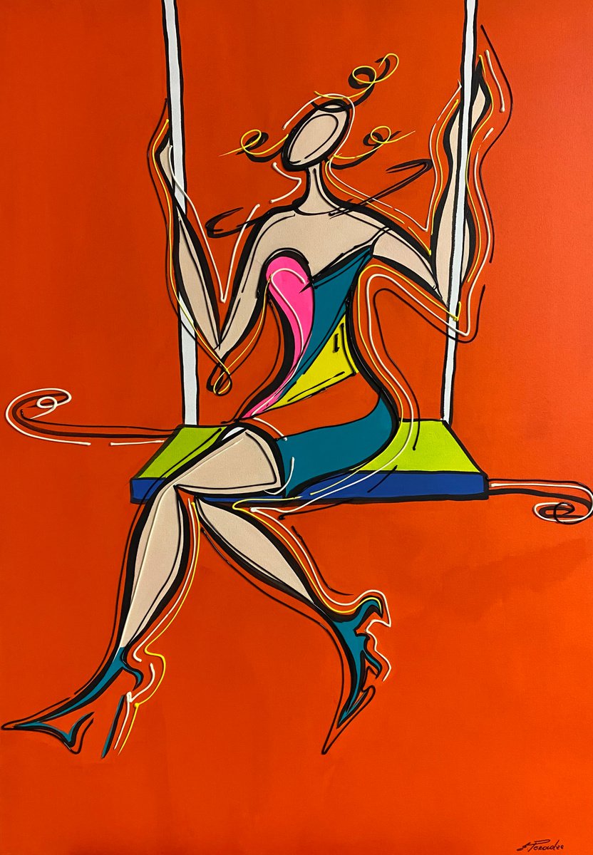Abstract Portrait Acrylic Painting By Eka Peradze, 28 X 39, Woman On Swing Eka Peradze Art., Original Artwork