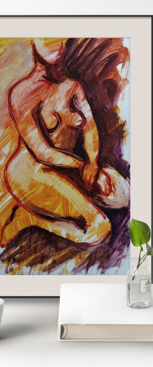 Nude study female oil on paper by Olga David