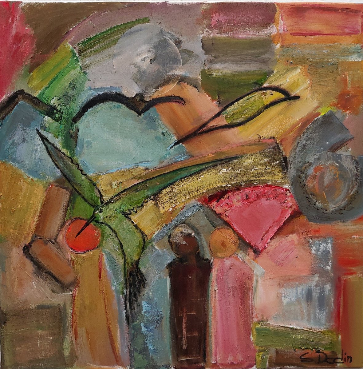 Abstract Acrylic Painting By Sylvie Dodin, 39 X 39", Birds, Original Artwork