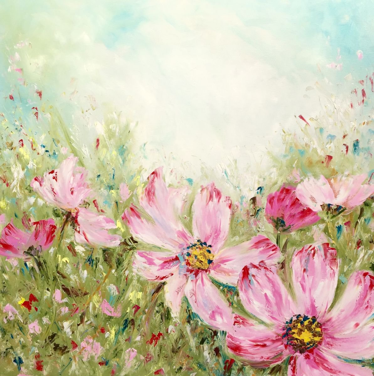 Original oil painting - pink flower field 36x36 by Emma Bell