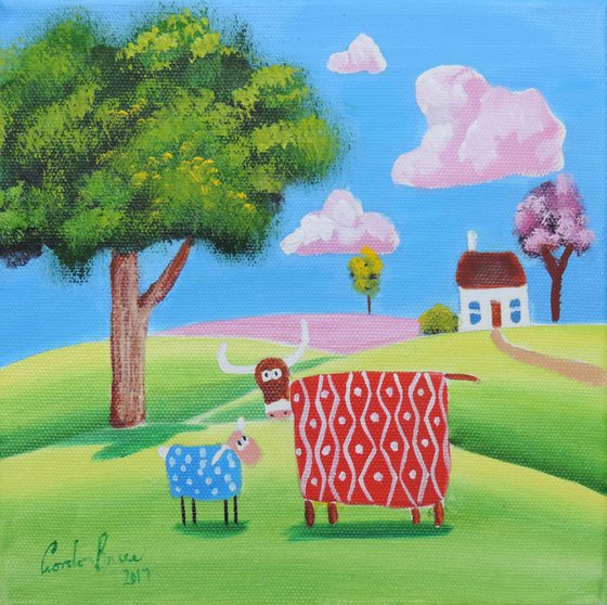 Highland cow and sheep folk art oil painting on canvas
