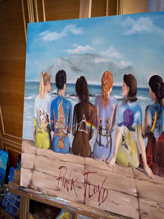 Pink Floyd. Oil painting with famous band.Women,girls.See,mountains and landscape. Sex girls