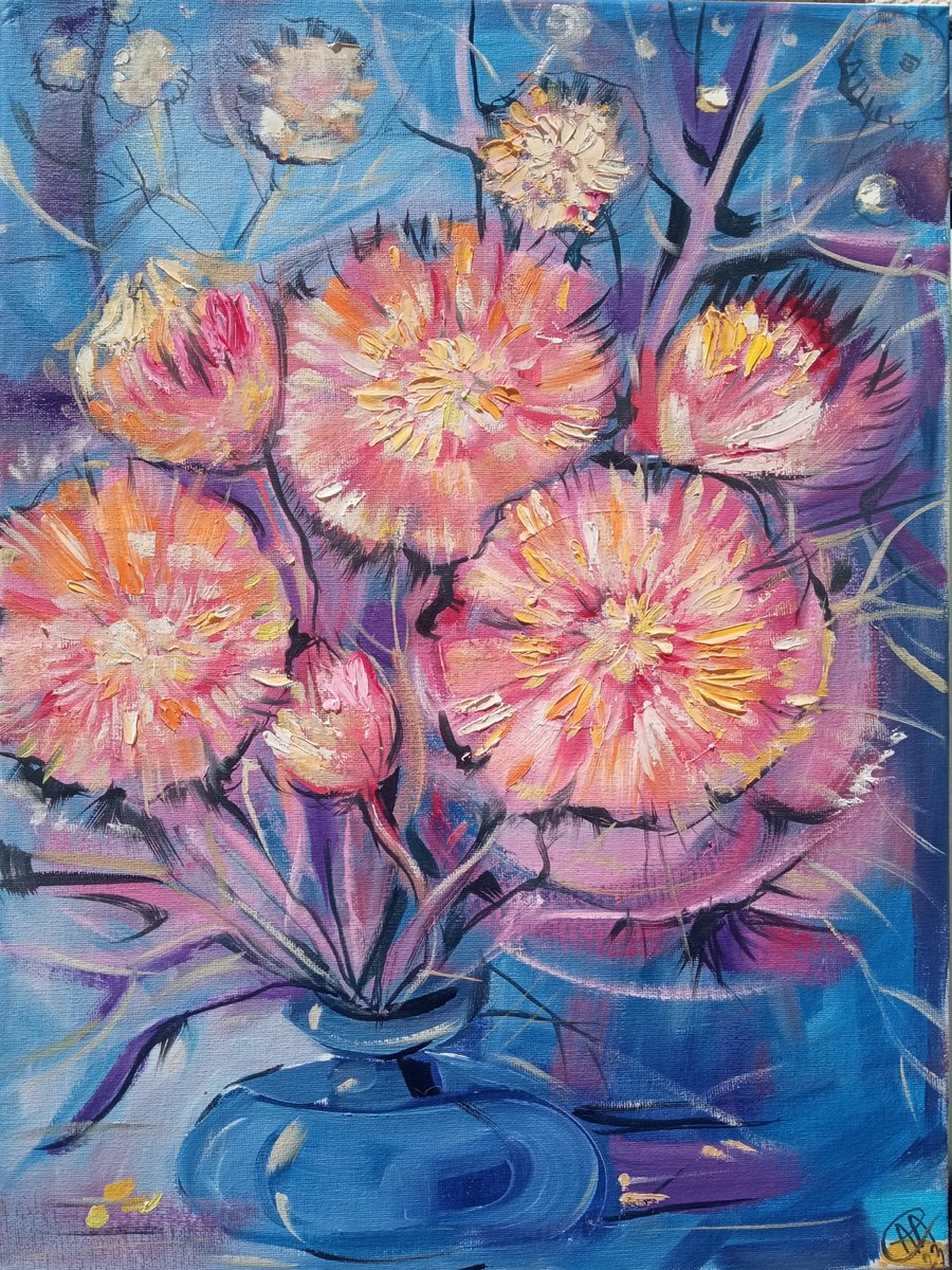 Impressionistic Botanical Oil Painting By Alina Skorokhod, 14 X 20, Daisy Bouquet Autumn Flowers, Original Artwork