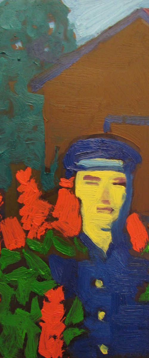 Man in red flower and bluesuit by Viktoriia Pidvarchan