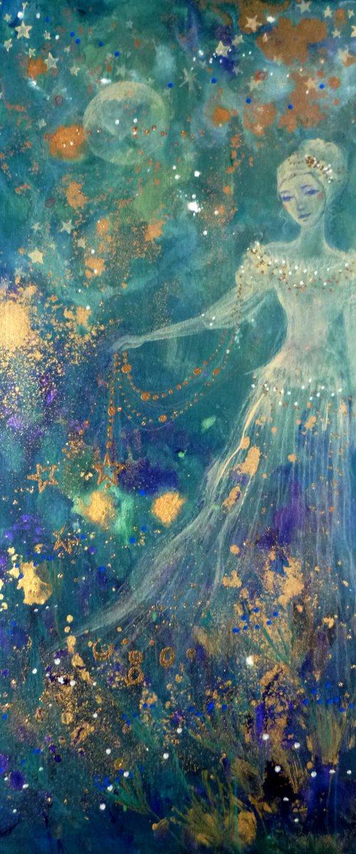 Flower of stars 20 x 40 cm on wood. by Loetitia Pillault