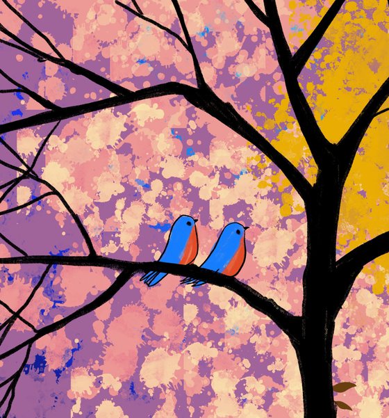 The Bluebirds , cute lovebird tree artwork, flower edition