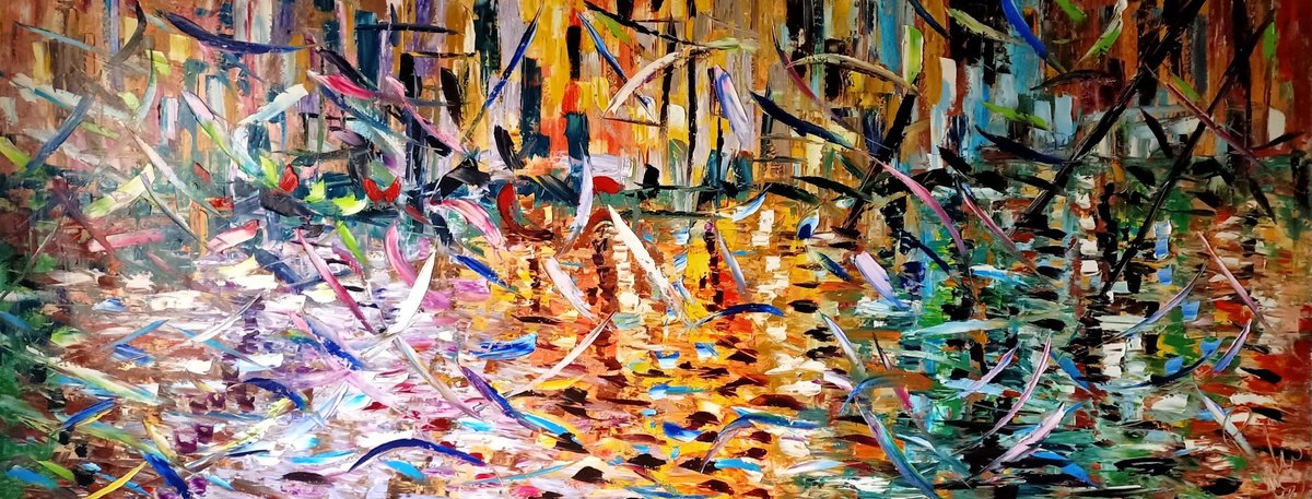 Abstract Oil Painting By Antonino Puliafico, 138 X 55, Orizzonti Riflessi, Original Artwork