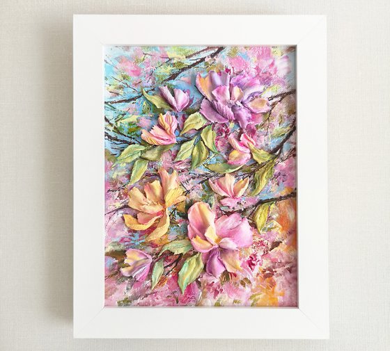 Magnolia flowers sculpture art, small relief floral painting