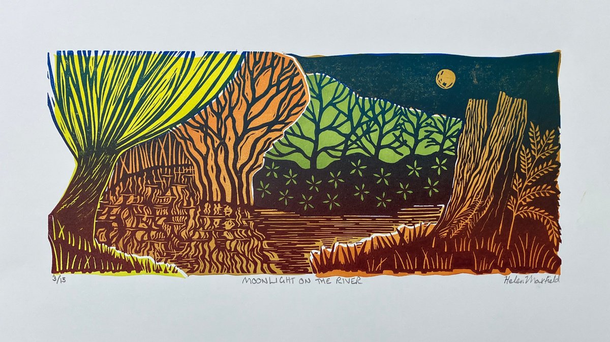 Landscape Linocut By Helen Maxfield, 15 X 10, Moonlight On The River, Original Artwork