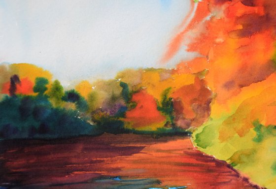 Watercolor painting Sunny autumn day near forest lake
