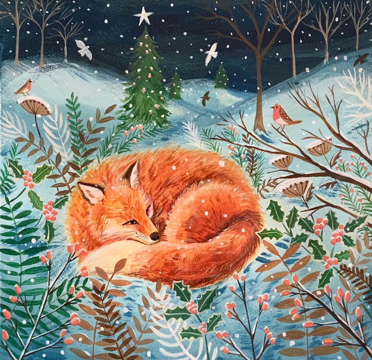 Illustrative Animal Acrylic Painting By Mary Stubberfield, 11 X 11", Winter Fox, Original Artwork