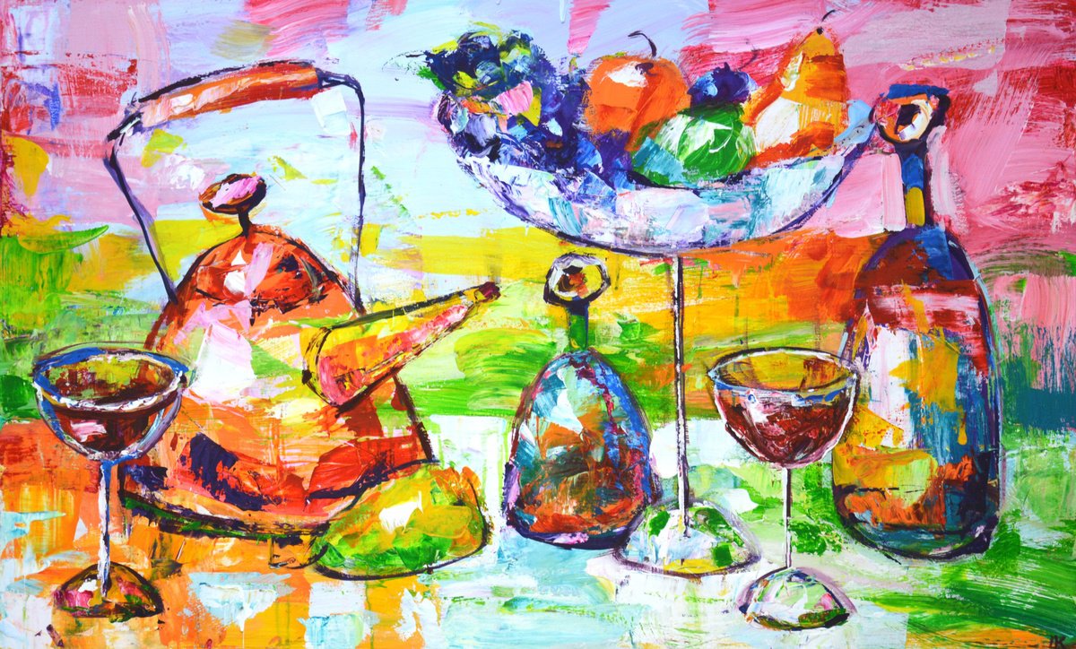 Expressive Still Life Acrylic Painting By Iryna Kastsova, 39 X 24, Delicious Still Life 2., Original Artwork
