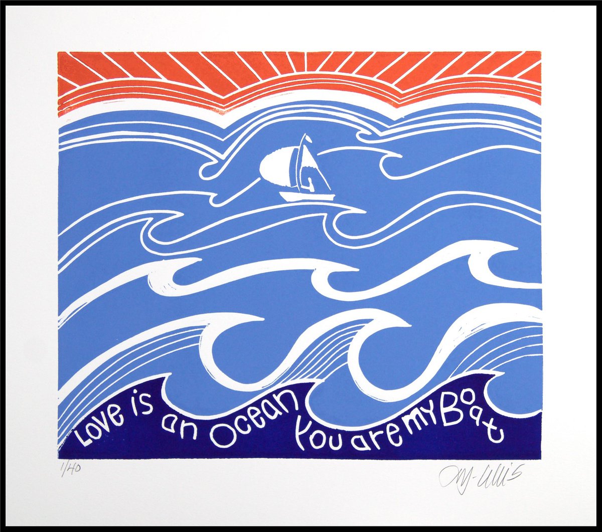 Illustrative Linocut , Love Is An Ocean, You Are My Boat By Mariann Johansen-Ellis, 16 X 13, Artwork For Sale On Artfinder