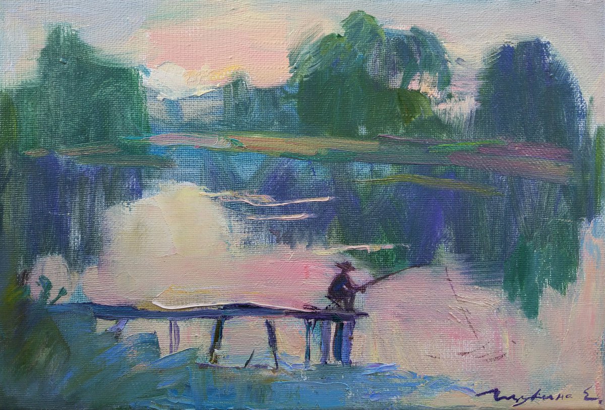 Landscape Oil Painting By Helen Shukina, 11 X 7, Appeasement On The Lake, Original Artwork