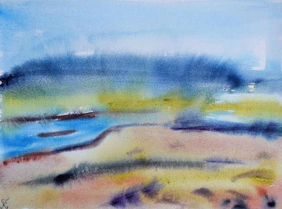 Iceland Abstract landscape original watercolor painting, wet in wet technique
