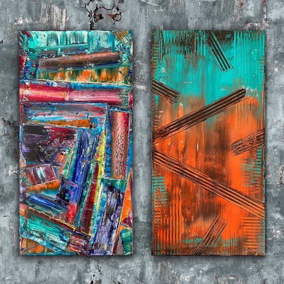 "We Go Together Like Oil and Acrylic" - Save As A Series - Original PMS Abstract Diptych Oil and Acrylic Paintings On Canvas - 36" x 36"