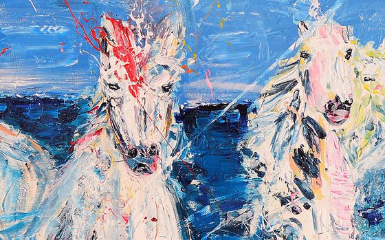 Horse painting - Wild horses on the beach - Large art 120x200 cm| 47.24"x78.74"  by Oswin Gesselli