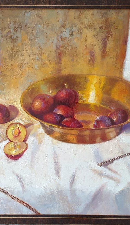 "There is not enough jam" still life plum liGHt original painting PALETTE KNIFE  GIFT (2019) by Anna Bessonova (Kotelnik)