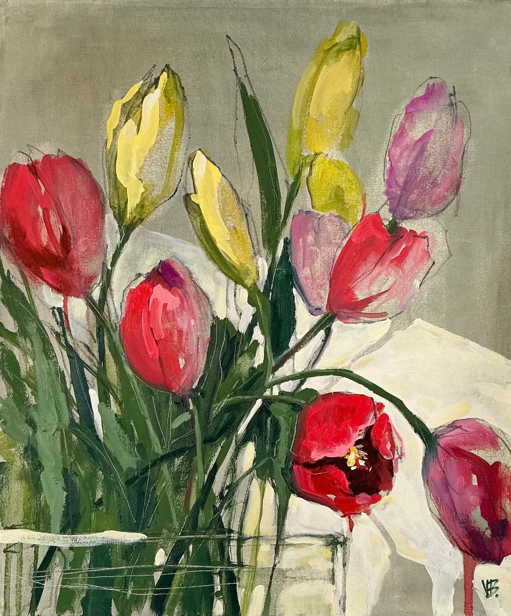 Expressive Oil Painting , Tulips On My Table By Volha Belevets, 18 X 22, Artwork For Sale On Artfinder